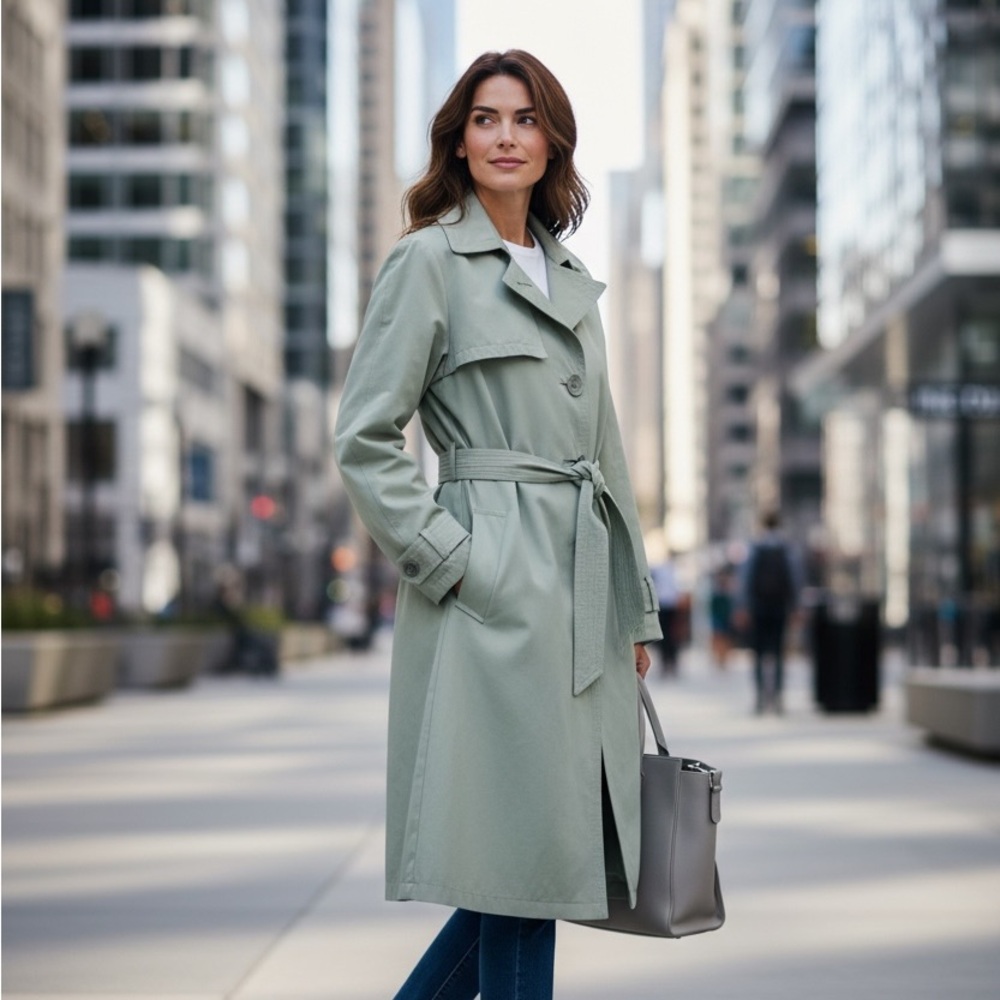 Vintage Sage Green Trench Coat Belted Classic Women’s US Size 6/8